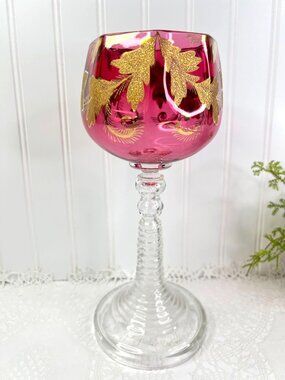 Cranberry Hock Wine Goblet 11" Gold Floral Embellishments Ribbed Stem Elegant